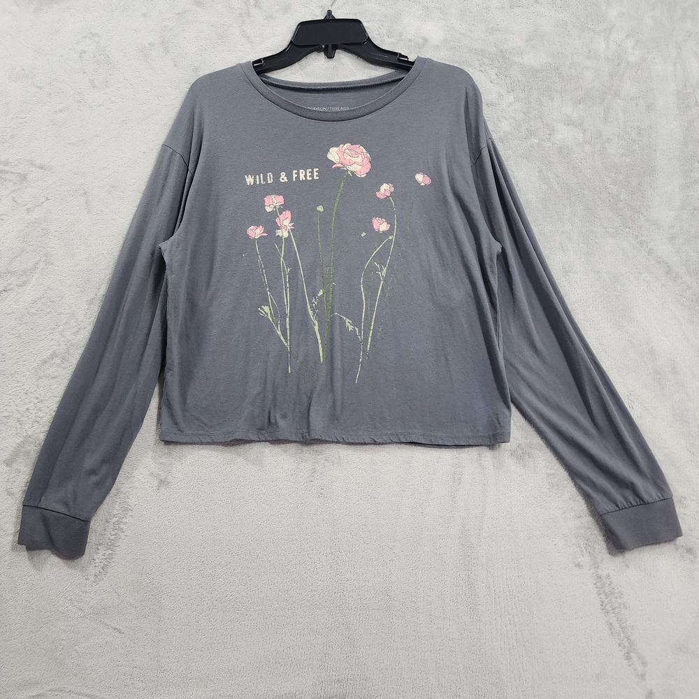 Grayson Threads Top Womens M Gray Wild & Free Floral Cropped Long Sleeve Tee